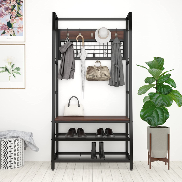 Allewie Industrial 70.9'' Hall Tree with 3-Tier Storage Shelves, Entryway Organizer, Metal Frame Coat Rack Shoe Bench with Removable Hooks, Easy Assembly