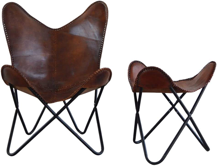 Brown Vintage Leather Arm Butterfly Chair | Genuine Tan Leather Butterfly Chair Home Décor | Handmade Chair (with Fold-able Stand & Stool) (Without Foot Stool)