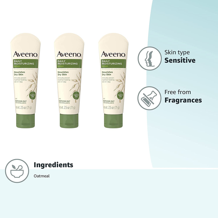 Aveeno Daily Moisturizing Body Lotion with Soothing Oat and Rich Emollients to Nourish Dry Skin, Fragrance-Free, 2.5 fl. oz (Pack of 3)