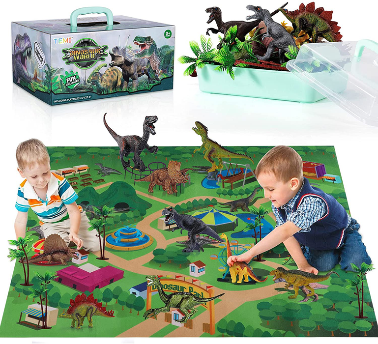 TEMI Dinosaur Toy Figure w/ Activity Play Mat & Trees, Educational Realistic Dinosaur Playset to Create a Dino World Including T-Rex, Triceratops, Velociraptor, Perfect Gifts for Kids, Boys & Girls