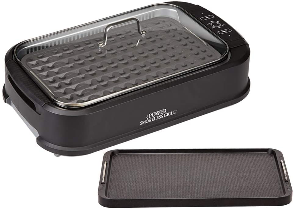 Power XL Smokeless Electric Indoor Removable Grill and Griddle Plates, Nonstick Cooking Surfaces, Glass Lid, 1500 Watt, 21X 15.4X 8.1, black