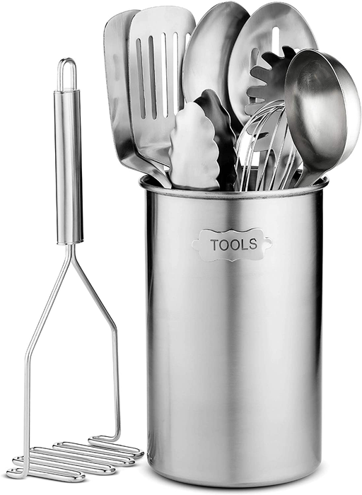 Stainless-Steel Kitchen Utensil Set - 10-piece premium Nonstick & Heat Resistant Kitchen Gadgets, Turner, Spaghetti Server, Ladle, Serving Spoons, Whisk, Tongs, Potato Masher and Utensil Holder