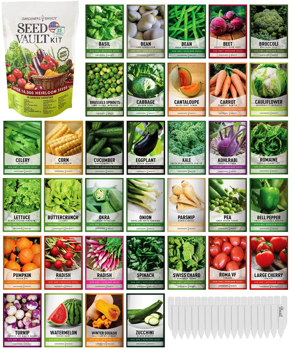 Survival Vegetable Seeds Garden Kit Over 16,000 Seeds Non-GMO and Heirloom, Great for Emergency Bugout Survival Gear 35 Varieties Seeds for Planting Vegetables 35 Free Plant Markers Gardeners Basics