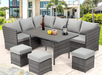 U-MAX 7 Pieces Patio Furniture Set Outdoor Sectional Sofa Conversation Set All Weather Wicker Rattan Couch Dining Table & Chair with Ottoman, Gray