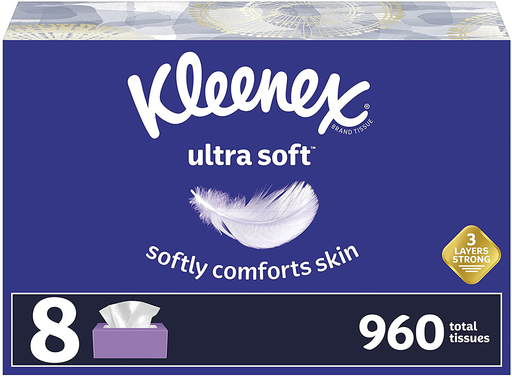 Kleenex Ultra Soft Facial Tissues, 8 Flat Boxes, 120 Tissues per Box (960 Total Tissues)