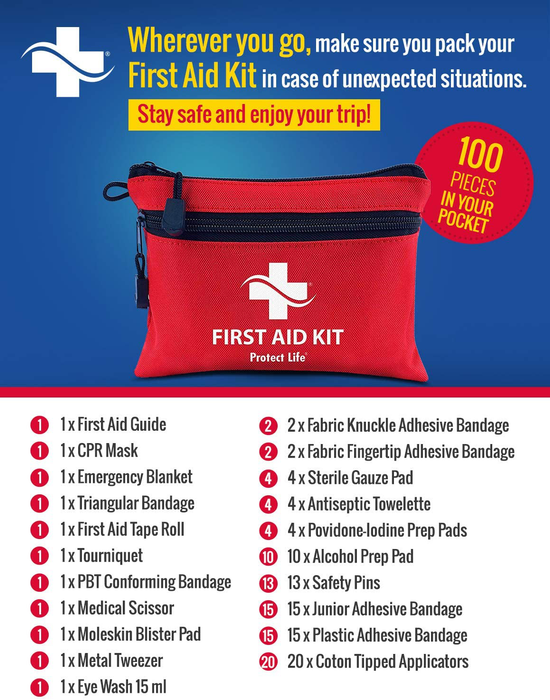 First Aid Kit - 100 Piece - Small First Aid Kit for Camping, Hiking, Backpacking, Travel, Vehicle, Outdoors - Emergency & Medical Supplies