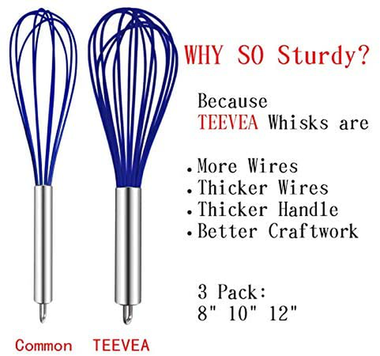 TEEVEA (Upgraded) 3 Pack Very Sturdy Kitchen Silicone Whisk Balloon Wire Whisk Set Egg Beater for Blending Whisking Beating Stirring Cooking Baking