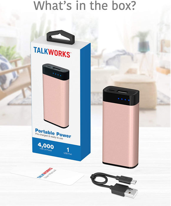 TALK WORKS Portable Charger Power Bank USB Battery Pack 4000 mAh - External Cell Phone Backup Supply for Apple iPhone 13, 12, 11, XR, XS, X, 8, 7, 6, SE, iPad, Android for Samsung Galaxy - Rose Gold