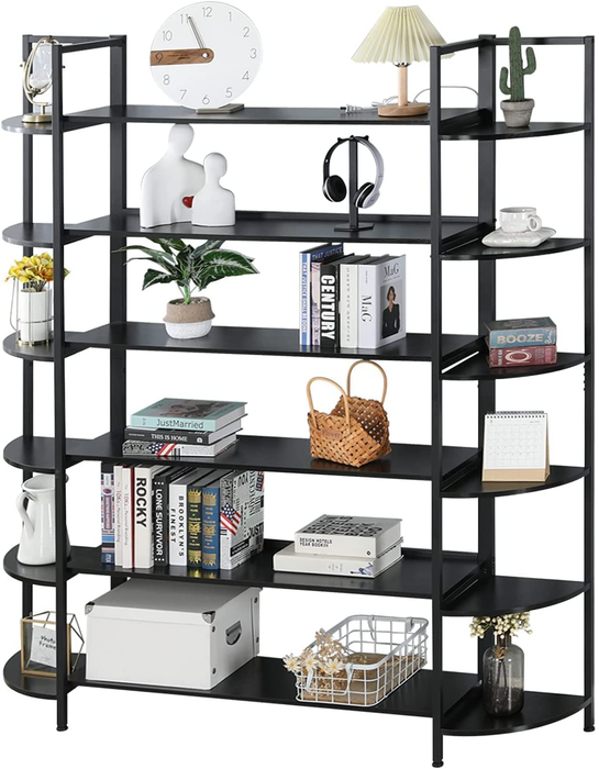 MELLCOM Triple Wide 6-Tier Bookshelf, Industrial Rustic Wood and Metal Bookcase, 6-Shelf Modern Home Decor Standing Metal Frame Book Shelves Furniture for Home & Office, Black