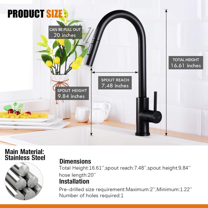 HGN Touch Activated Kitchen Faucets with Pull Down Sprayer,Single Handle Smart Faucet for Kitchen Sinks,304 Stainless Steel,Matte Black,Without Deck Plate.