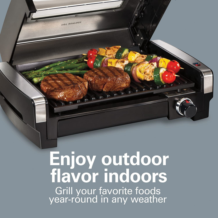 Hamilton Beach Electric Indoor Searing Grill with Viewing Window and Removable Easy-to-Clean Nonstick Plate, 6-Serving, Extra-Large Drip Tray, Stainless Steel (25361)