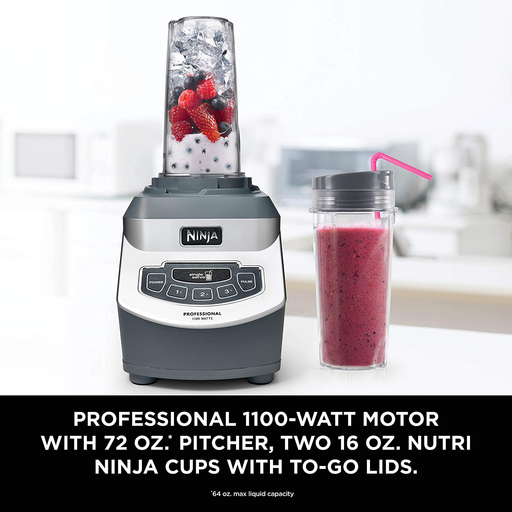 Ninja BL660 Professional Countertop Blender with 1100-Watt Base, 72 Oz Total Crushing Pitcher and (2) 16 Oz Cups for Frozen Drinks and Smoothies, Gray