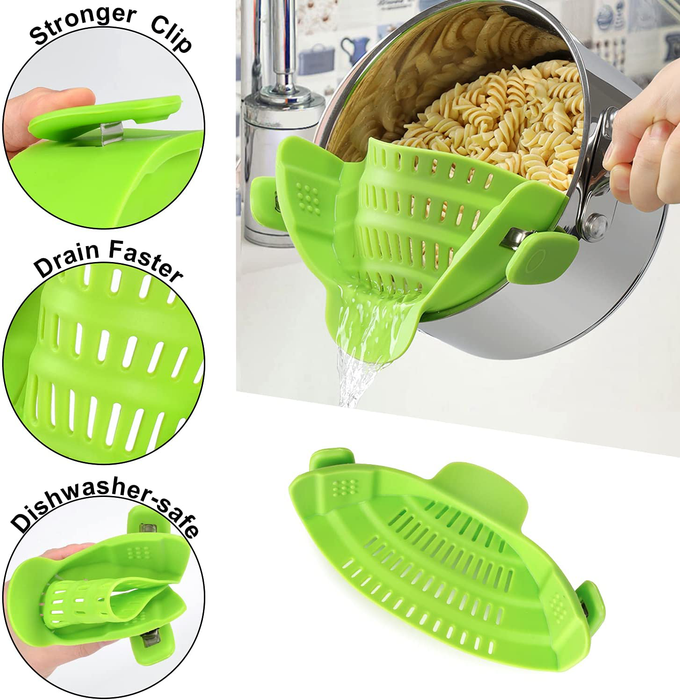 Upgraded Clip on Pot Strainer Silicone Colander Hands-free Drainer Kitchen Gadgets, Heat Resistant for Pasta Spaghetti Meat Grease Fits Pots Pans Bowls, Green