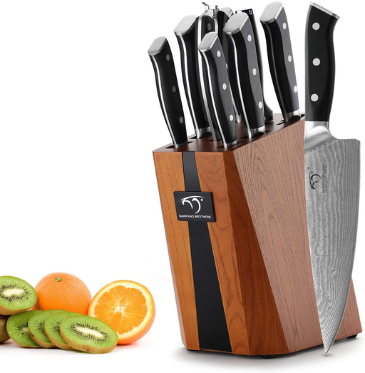 Kitchen Damascus Knife Set, YanXuan Series 9-Piece Kitchen Knife Set with Block, Non-slip ABS Ergonomic Triple Rivet Handle for Chef Knives, Knife Sharpener and Kitchen Shears, Natural Wooden Block