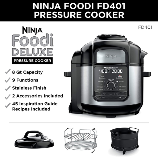 Ninja FD401 Foodi 8-Quart 9-in-1 Deluxe XL Pressure Cooker, Air Fry, Crisp, Steam, Slow Cook, Sear, Saute, Bake, Roast, Broil, Yogurt, Dehydrate, Extra Large Capacity, 45 Recipe Book, Stainless Finish