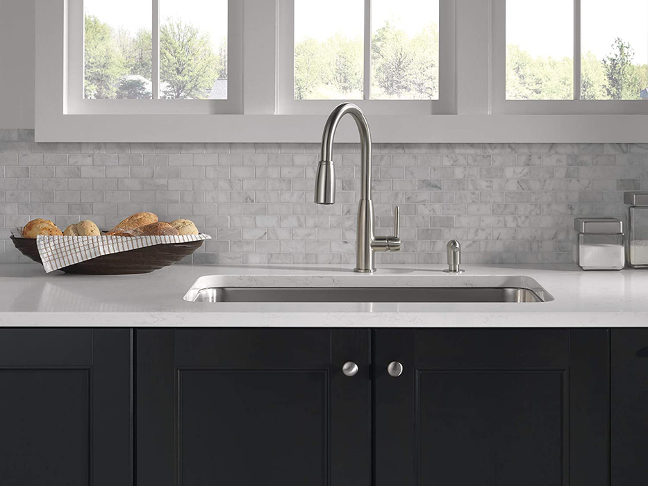 Peerless Single-Handle Kitchen Sink Faucet with Pull Down Sprayer and Soap Dispenser, Stainless P88103LF-SSSD-L