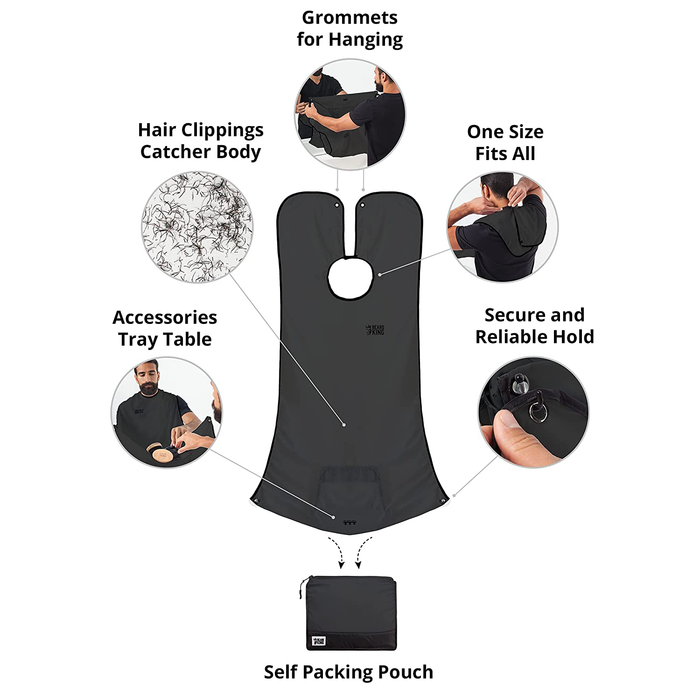 BEARD KING - The Official Beard Bib - Hair Clippings Catcher & Grooming Cape Apron - “As Seen on Shark Tank” - Black (Deluxe Version)