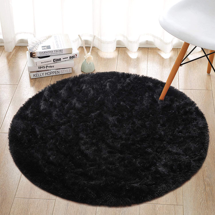 junovo Round Fluffy Soft Area Rugs for Kids Girls Room Princess Castle Plush Shaggy Carpet Cute Circle Nursery Rug for Kids Baby Girls Bedroom Living Room Home Decor Circular Carpet, 4ft Black