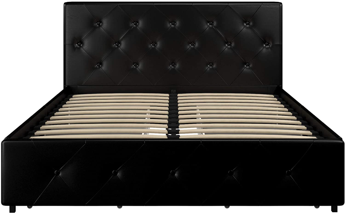 DHP Dakota Upholstered Faux Leather Platform Bed with Storage Drawers - Queen Size (Black)