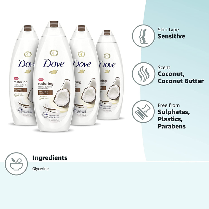 Dove Purely Pampering Body Wash for Dry Skin Coconut Butter and Cocoa Butter Effectively Washes Away Bacteria While Nourishing Your Skin 22 oz, 4 count