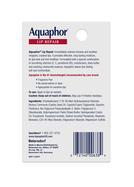 Aquaphor Lip Repair Ointment - Long-lasting Moisture to Soothe Dry Chapped Lips Tube, 0.35 Fl Oz (Pack of 1)