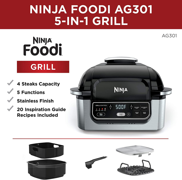 Ninja Foodi AG301 5-in-1 Indoor Electric Countertop Grill with 4-Quart Air Fryer, Roast, Bake, Dehydrate, and Cyclonic Grilling Technology