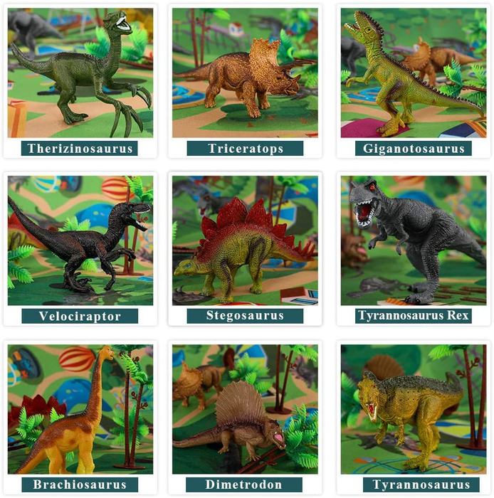 TEMI Dinosaur Toy Figure w/ Activity Play Mat & Trees, Educational Realistic Dinosaur Playset to Create a Dino World Including T-Rex, Triceratops, Velociraptor, Perfect Gifts for Kids, Boys & Girls