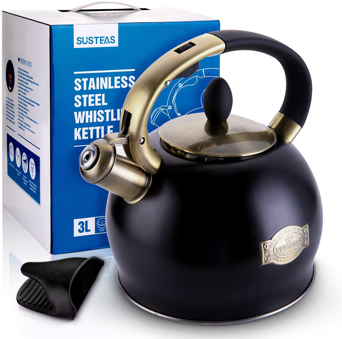 SUSTEAS Stove Top Whistling Tea Kettle-Surgical Stainless Steel Teakettle Teapot with Cool Toch Ergonomic Handle,1 Free Silicone Pinch Mitt Included,2.64 Quart(BLACK)