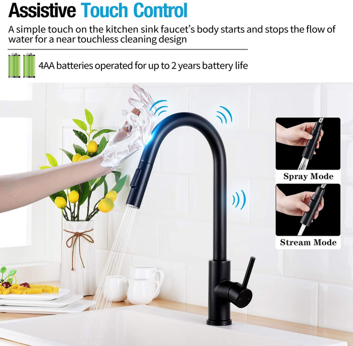 HGN Touch Activated Kitchen Faucets with Pull Down Sprayer,Single Handle Smart Faucet for Kitchen Sinks,304 Stainless Steel,Matte Black,Without Deck Plate.