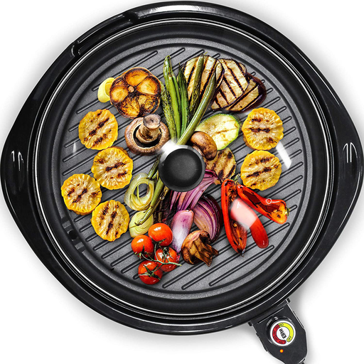 Maxi-Matic Smokeless Indoor Electric BBQ Grill with Glass Lid Dishwasher Safe, PFOA-Free Nonstick, Adjustable Temperature, Fast Heat Up, Low-Fat Meals Easy to Clean Design, 14", Black