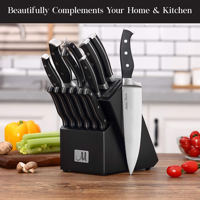 15-Piece Premium Kitchen Knife Set With Wooden Block | Master Maison German Stainless Steel Cutlery With Knife Sharpener & 6 Steak Knives (Black)