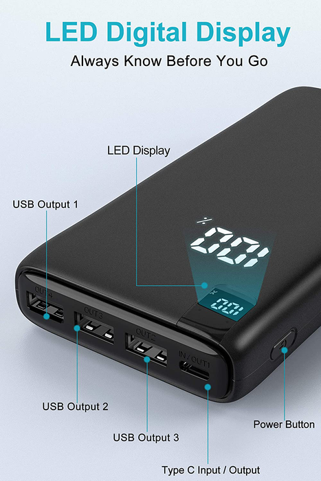 Power Bank 26800mAh Portable Charger, IXNINE High Capacity Phone Charger Compact External Battery Pack with LED Display and 4 Fast Charging Outputs for iPhone Samsung LG iPad etc.