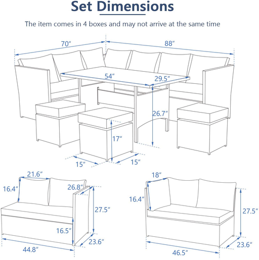 U-MAX 7 Pieces Patio Furniture Set Outdoor Sectional Sofa Conversation Set All Weather Wicker Rattan Couch Dining Table & Chair with Ottoman, Gray