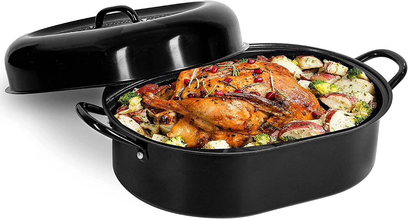 Granite Stone Oval Roaster Pan, Small 16” Ultra Nonstick Roasting Pan with Lid, Grooved Bottom for Basting, Broiler Pan for Oven, Dishwasher Safe, Up to 7lb Poultry / Roast, Serves 1- 5, PFOA Free
