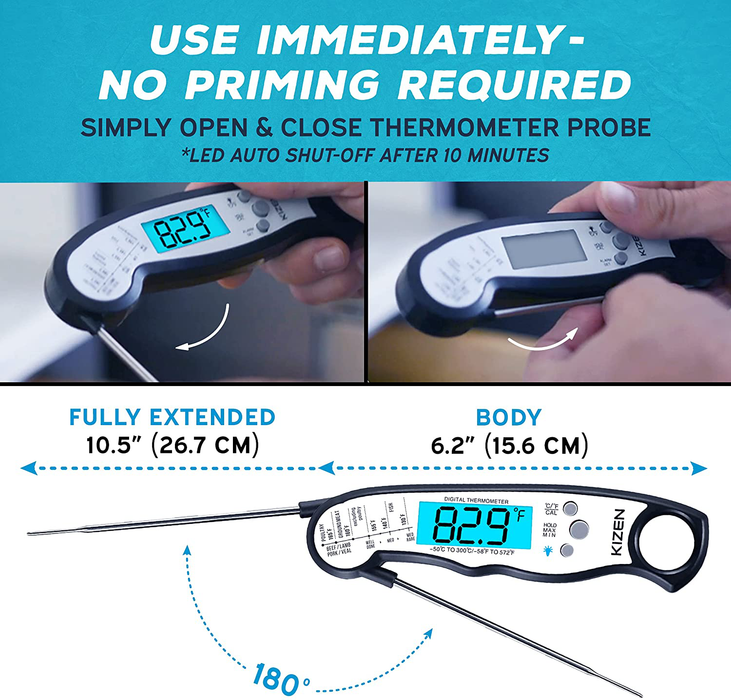 Kizen Digital Meat Thermometers for Cooking - Waterproof Instant Read Food Thermometer for Meat, Deep Frying, Baking, Outdoor Cooking, Grilling, & BBQ (Black/White)