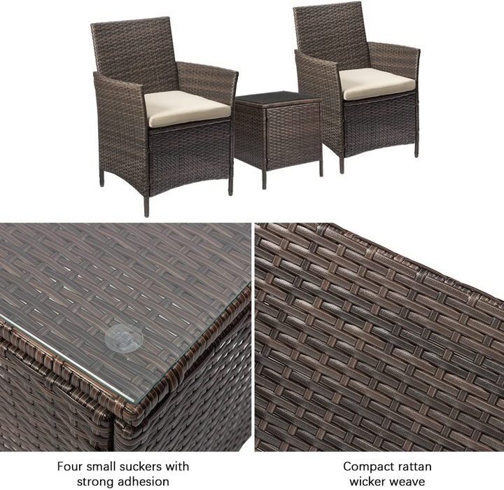 Devoko Patio Porch Furniture Sets 3 Pieces PE Rattan Wicker Chairs with Table Outdoor Garden Furniture Sets (Brown/Beige)