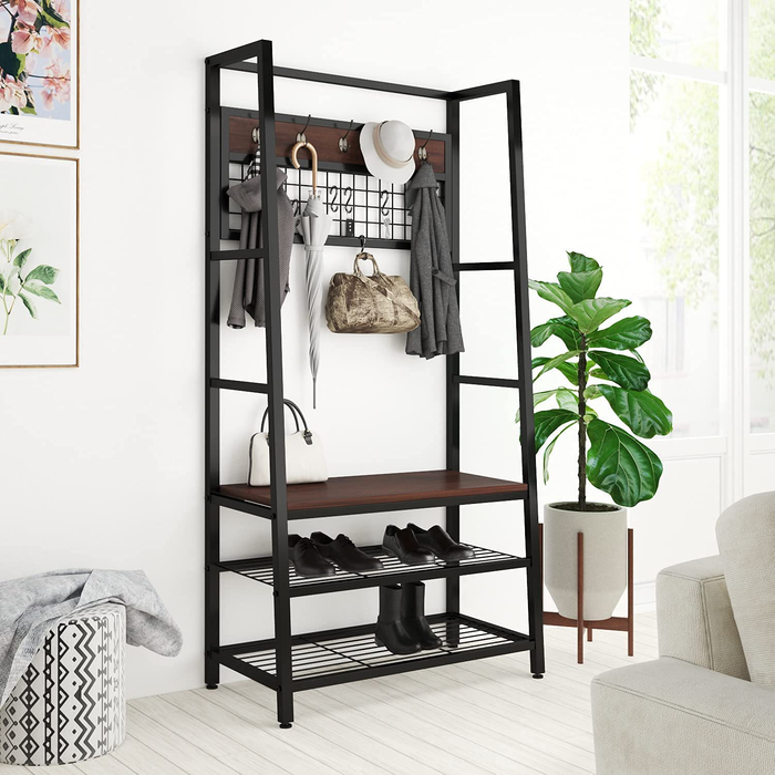 Allewie Industrial 70.9'' Hall Tree with 3-Tier Storage Shelves, Entryway Organizer, Metal Frame Coat Rack Shoe Bench with Removable Hooks, Easy Assembly