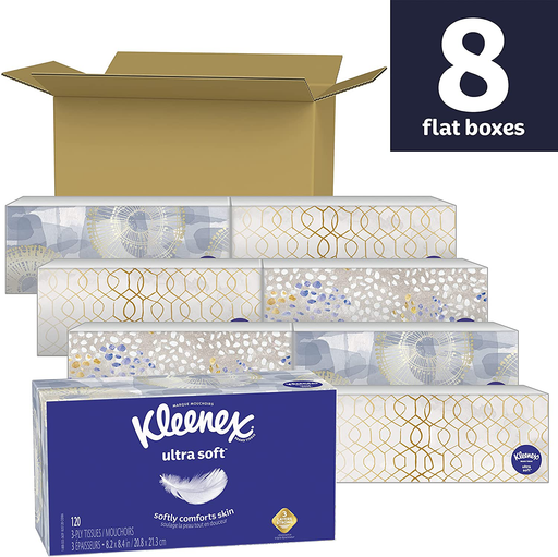 Kleenex Ultra Soft Facial Tissues, 8 Flat Boxes, 120 Tissues per Box (960 Total Tissues)