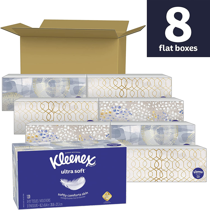 Kleenex Ultra Soft Facial Tissues, 8 Flat Boxes, 120 Tissues per Box (960 Total Tissues)