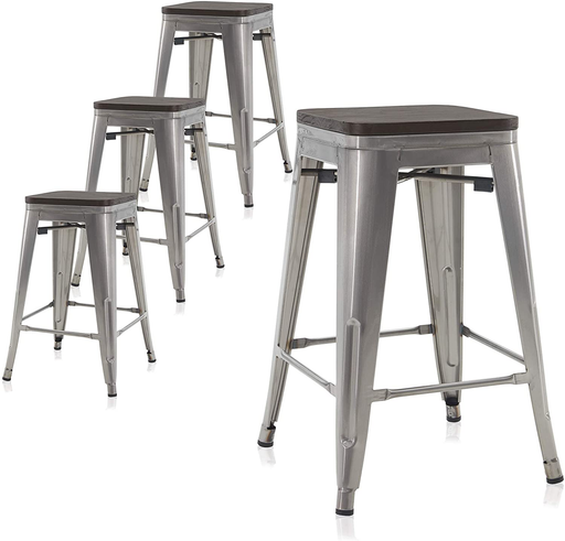 BELLEZE 24 Inch Modern Stackable Metal Bar Stools with Wood Seat, Indoor Outdoor Restaurant Patio Kitchen Dining, Antique Farmhouse Vintage Industrial Steel Metal [Set of 4] - Wyatt (Gunmetal)