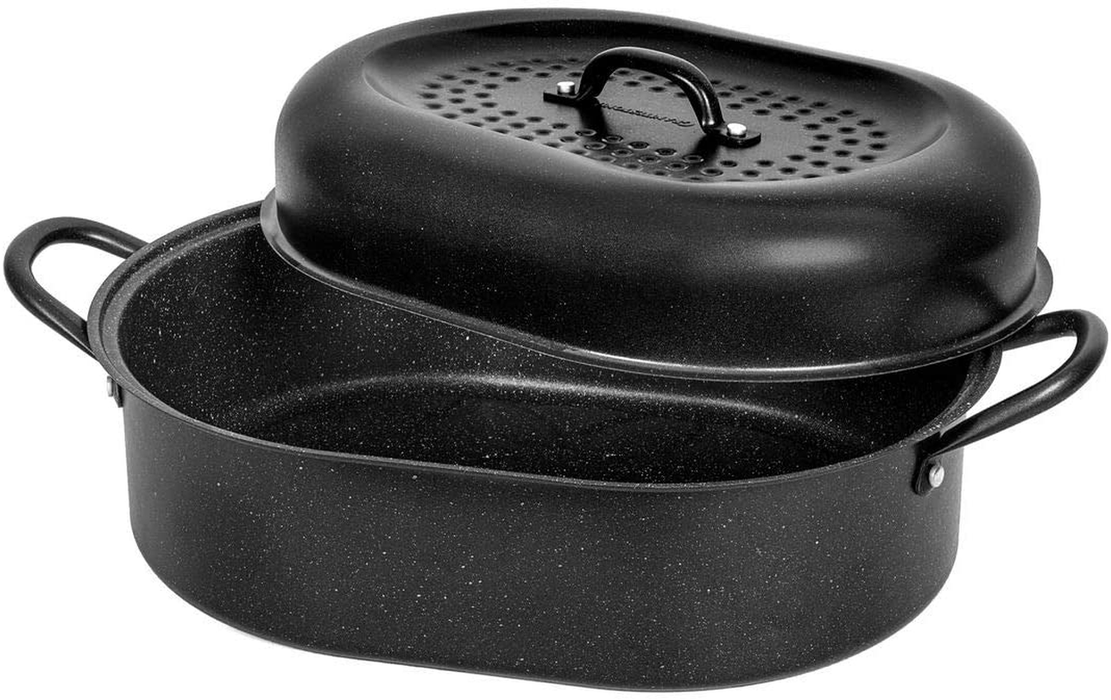 Granite Stone Oval Roaster Pan, Small 16” Ultra Nonstick Roasting Pan with Lid, Grooved Bottom for Basting, Broiler Pan for Oven, Dishwasher Safe, Up to 7lb Poultry / Roast, Serves 1- 5, PFOA Free