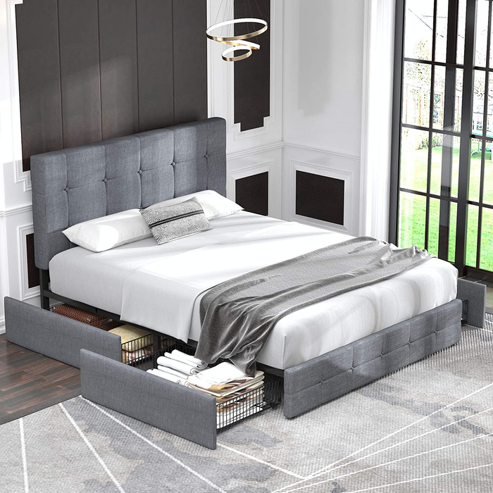 Allewie Queen Platform Bed Frame with 4 Drawers Storage and Headboard, Square Stitched Button Tufted Upholstered Mattress Foundation with Wood Slat Support, No Box Spring Needed, Light Grey