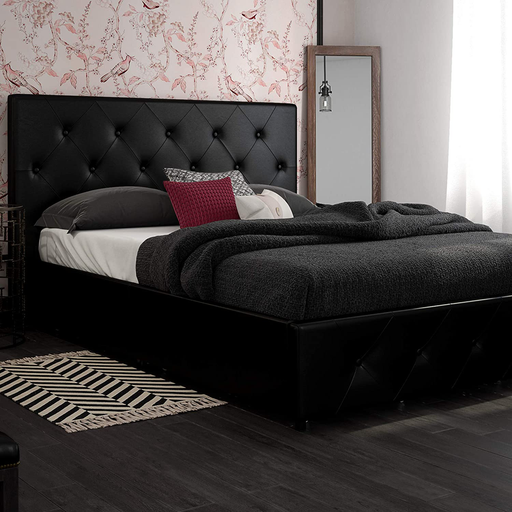 DHP Dakota Upholstered Faux Leather Platform Bed with Storage Drawers - Queen Size (Black)