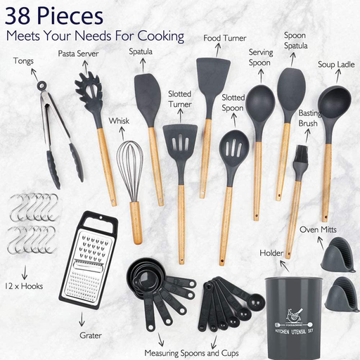 Docgrit Kitchen Utensil Set- 38 PCs Cooking Utensils with Oven Mitts,Tongs, Spoon Spatula &Turner Made of Heat Resistant Food Grade Silicone and Wooden Handle