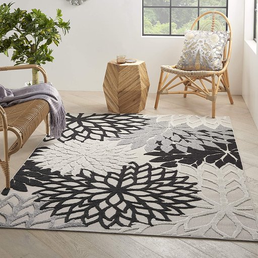 Nourison Aloha Indoor/Outdoor Floral Black White 2'3" x 8' Area Rug, (8' Runner)