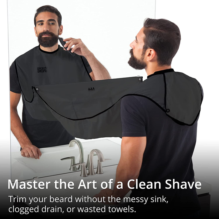 BEARD KING - The Official Beard Bib - Hair Clippings Catcher & Grooming Cape Apron - “As Seen on Shark Tank” - Black (Deluxe Version)