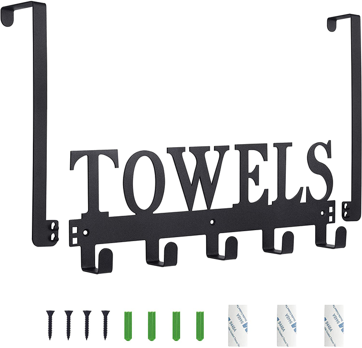 Over The Door Hooks, Towel Holder for Bathroom, Door Mount Towel Rack Towel Hooks for Bedroom Kitchen Pool Beach Towels Bathrobe Wall Mount Hang on The Door Cabinet Cupboard Metal Sandblasted (Black)