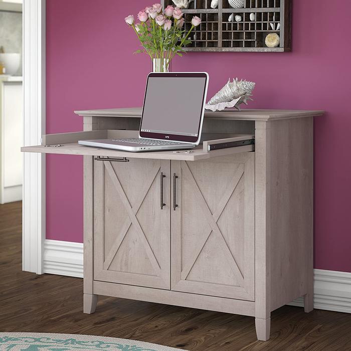 Bush Furniture Key West Secretary Desk with Keyboard Tray and Storage Cabinet in Washed Gray