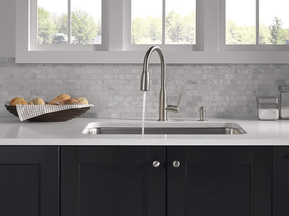 Peerless Single-Handle Kitchen Sink Faucet with Pull Down Sprayer and Soap Dispenser, Stainless P88103LF-SSSD-L