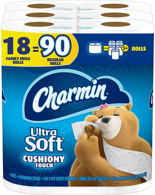 Charmin Ultra Soft Cushiony Touch Toilet Paper, 18 Family Mega Rolls = 90 Regular Rolls